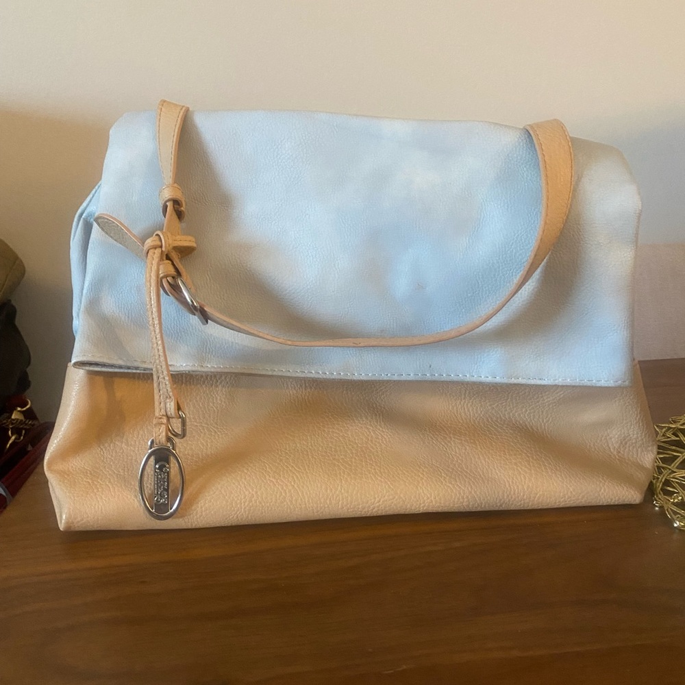 light blue and tan tote